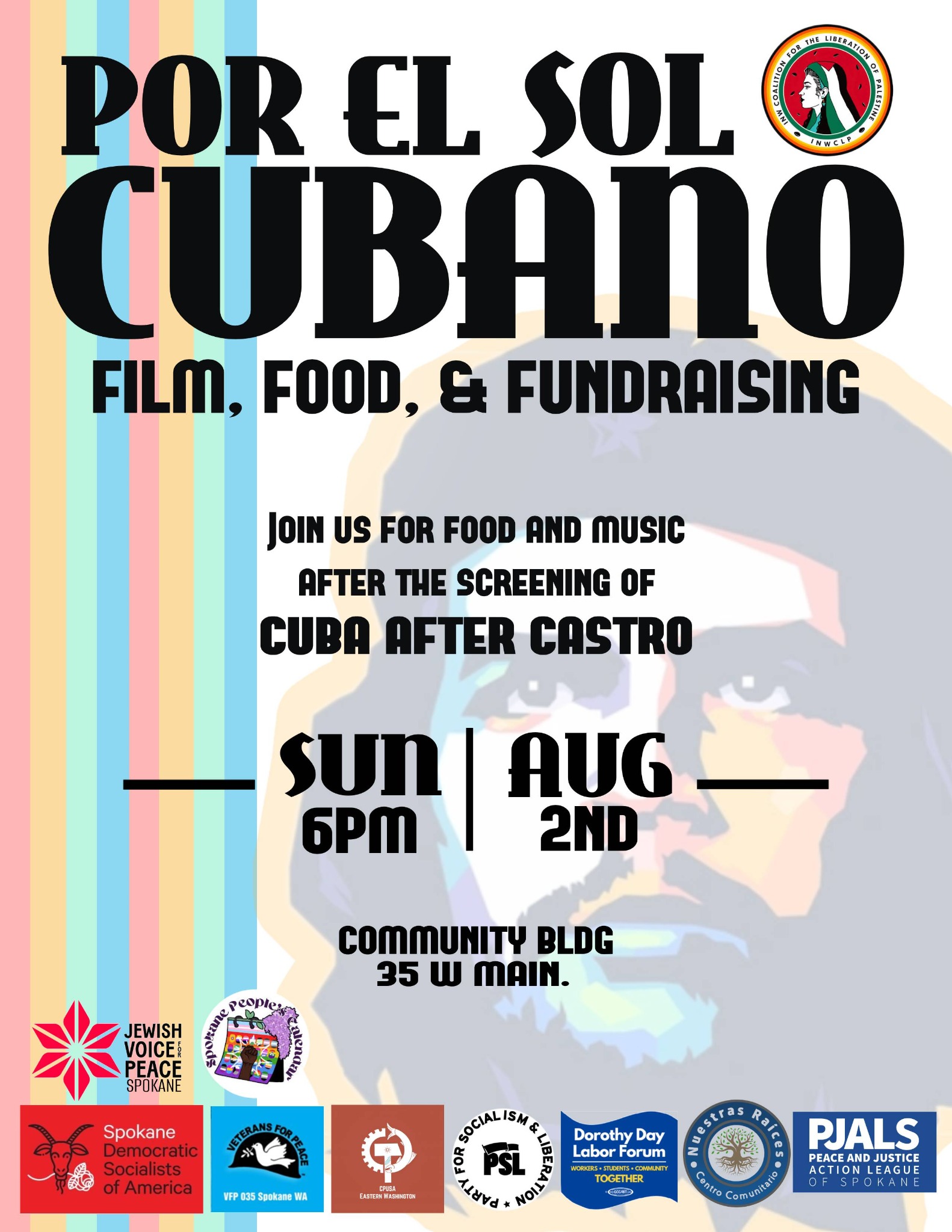 Por El Sol Cubano fundraiser social flyer with food and music at the Community Building